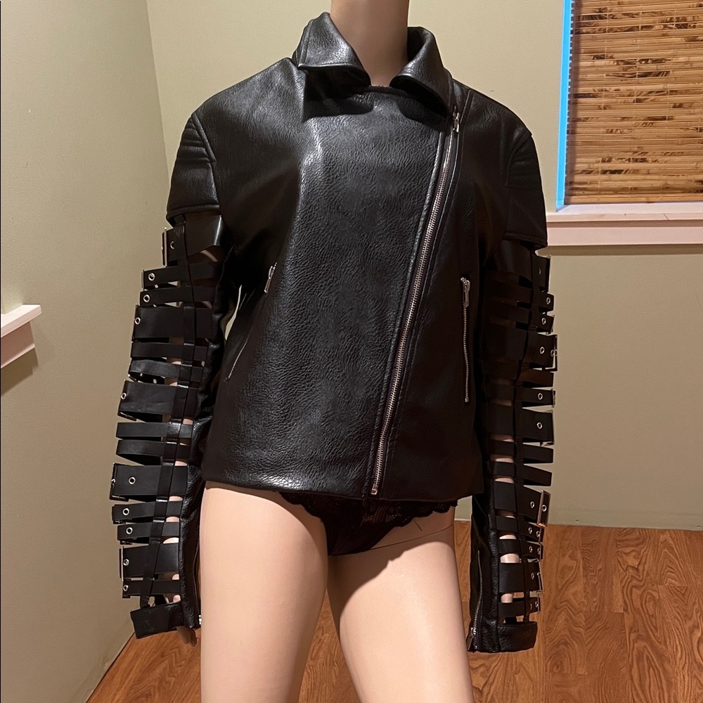 Azalea Wang Black Leather Jacket with Unique Sleeve Design Size XL